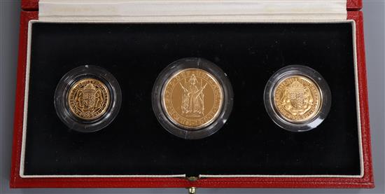 A cased Royal Mint 500th Anniversary gold Sovereign Three-Coin Set, half sovereign, sovereign and double sovereign.